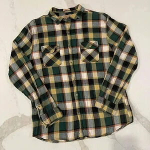 Free Nature Pine Plaid Flannel Long Sleeve Button Up Shirt Men's Large Slim Fit